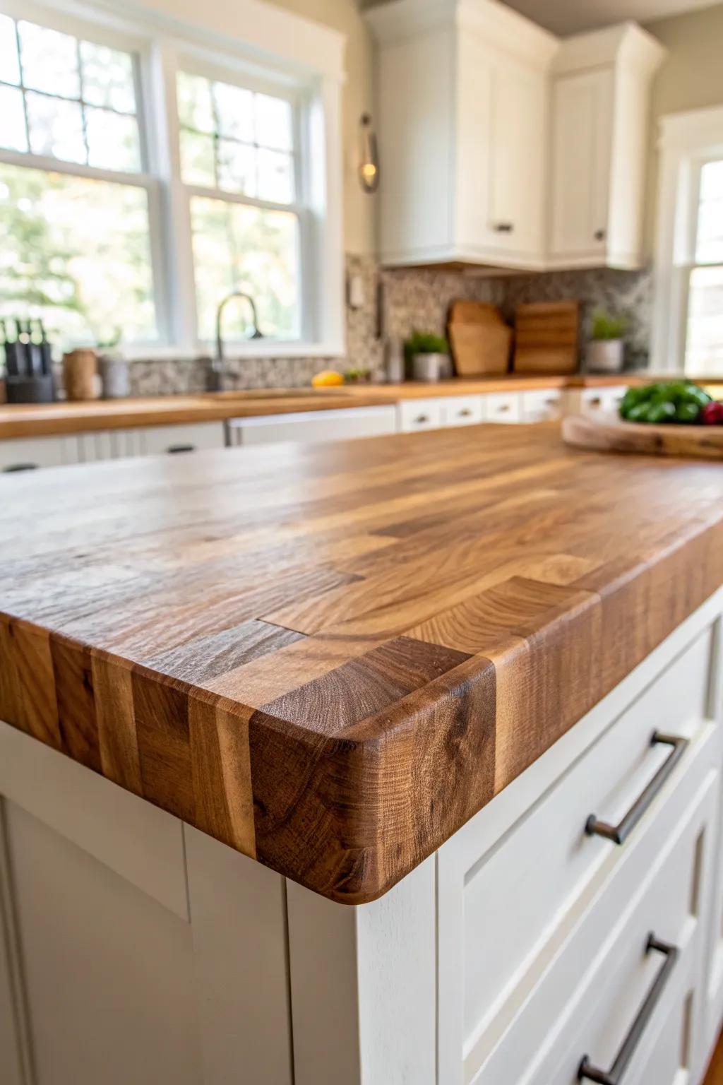 Butcher block island warms up brown perimeter counters—an easy, handcrafted upgrade.