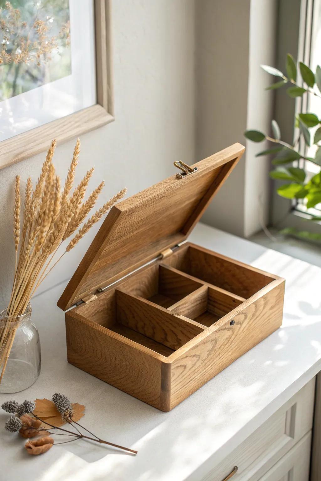A simple seasonal swap box: warm fall accents in a handcrafted oak bin for a 10‑minute refresh.