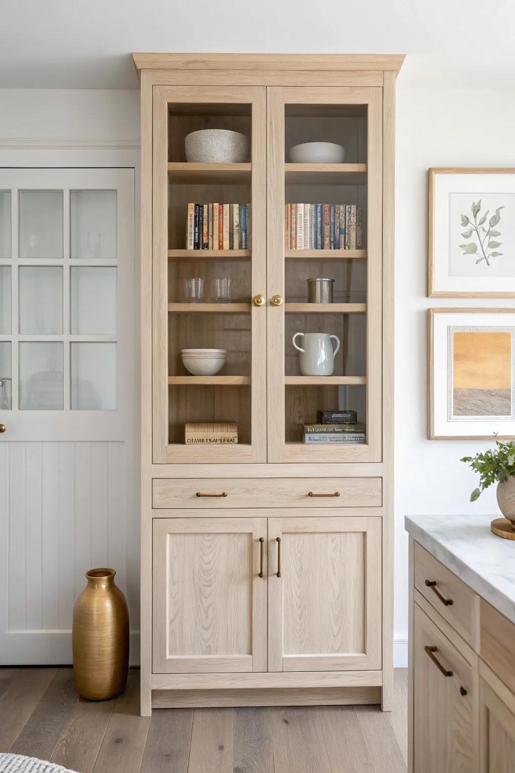 Open shelves between built-ins keep the wall light—styled with books, art, and pitchers.