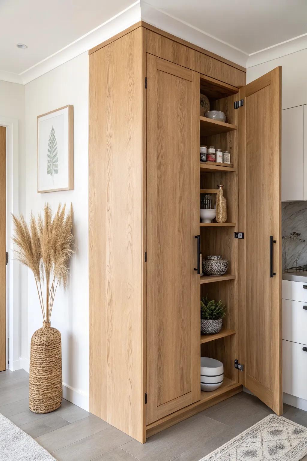 A seamless corner cabinet that secretly opens into a pantry—minimal, warm oak, pure magic.