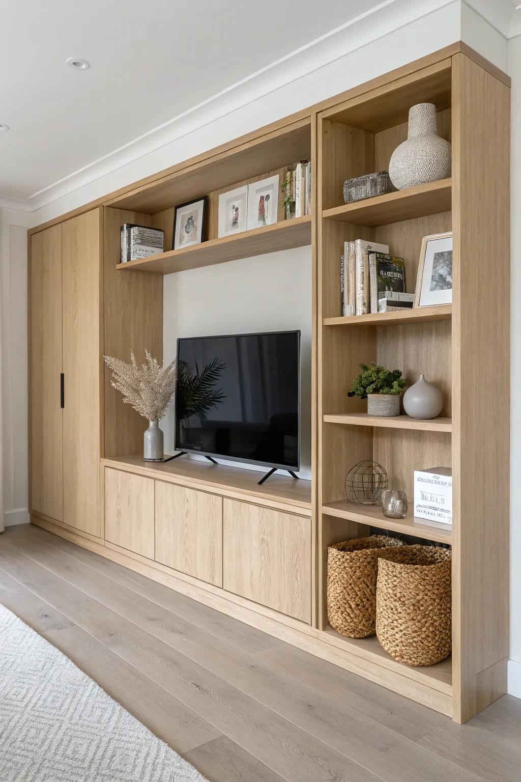 A double-sided oak media wall that separates living and dining—TV on one side, shelves on the other.