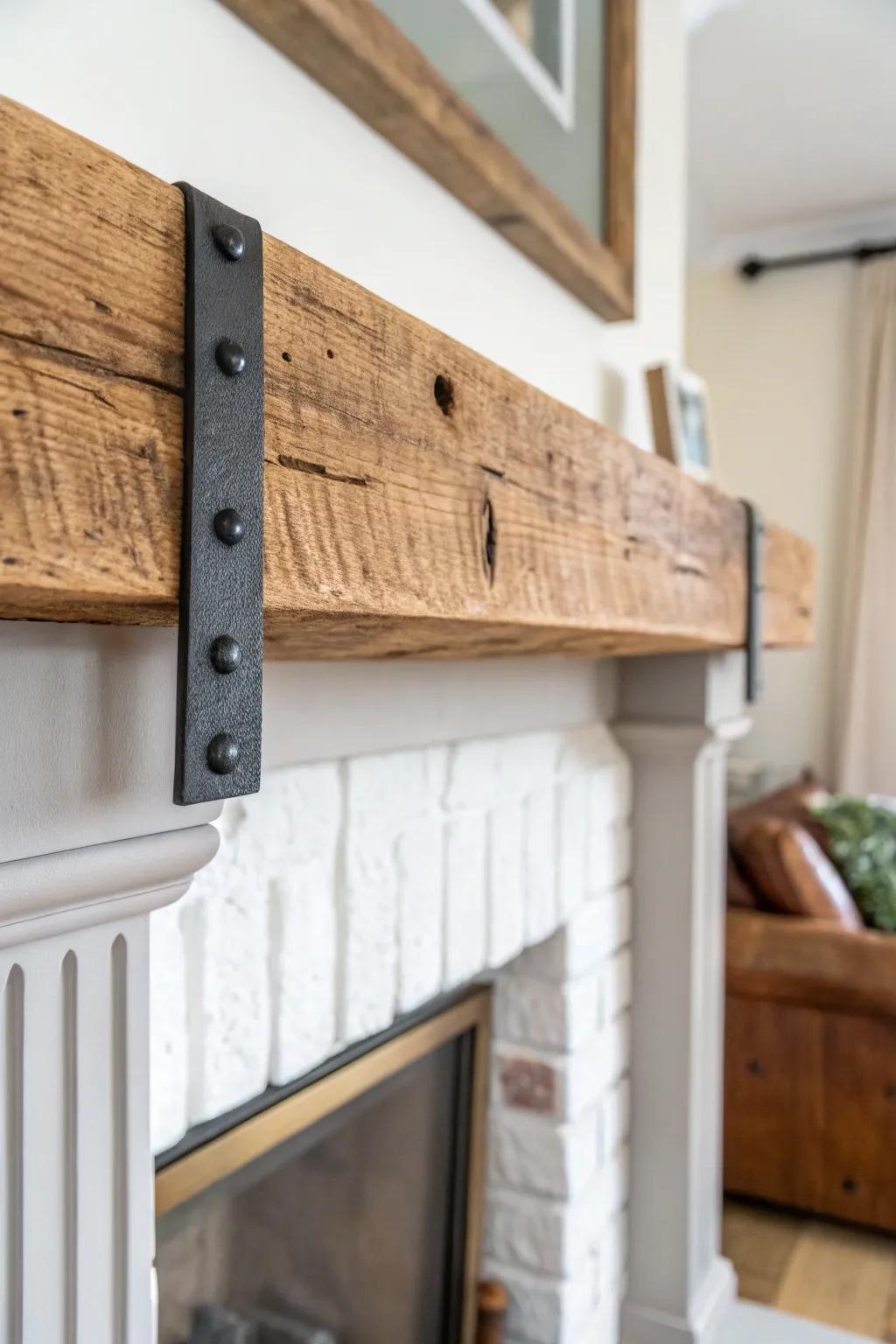 Hefty wood beam + sleek steel straps—an easy bungalow mantel upgrade with workshop charm.