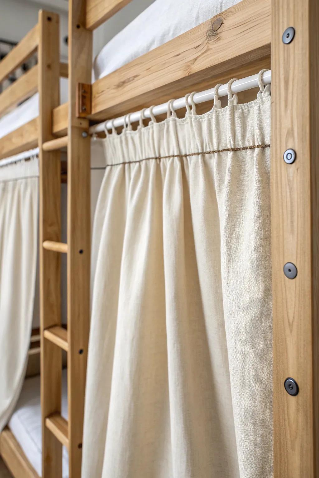 Double-layer curtain liner adds cozy hush and turns the bunk into a calm private nook.