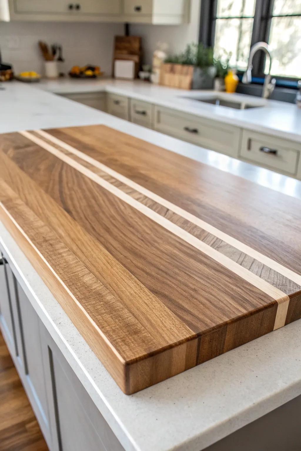A sleek contrasting inlay stripe gives your butcher block bar top a custom, boutique look.