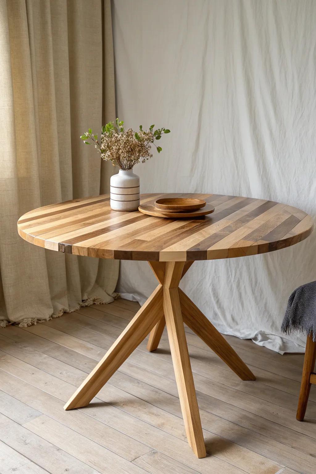 Laminated butcher block with a live-edge silhouette—organic curves, flat surface, modern warmth.