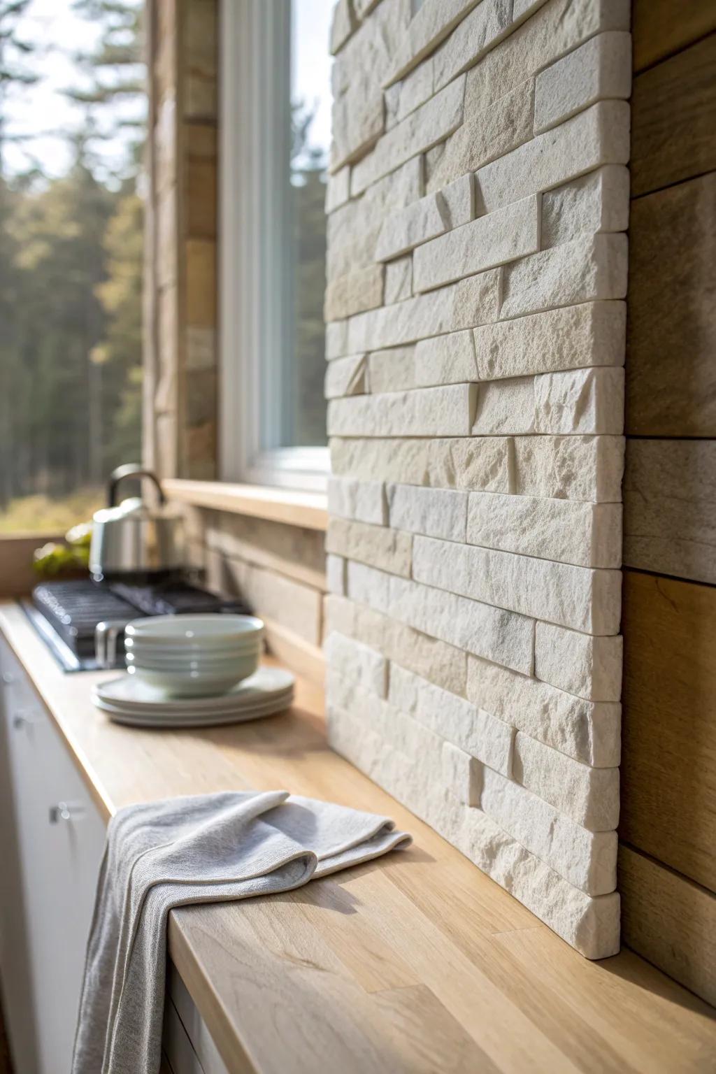 Light rough-cut ledger tile brightens a dark cabin kitchen with warm, natural texture.