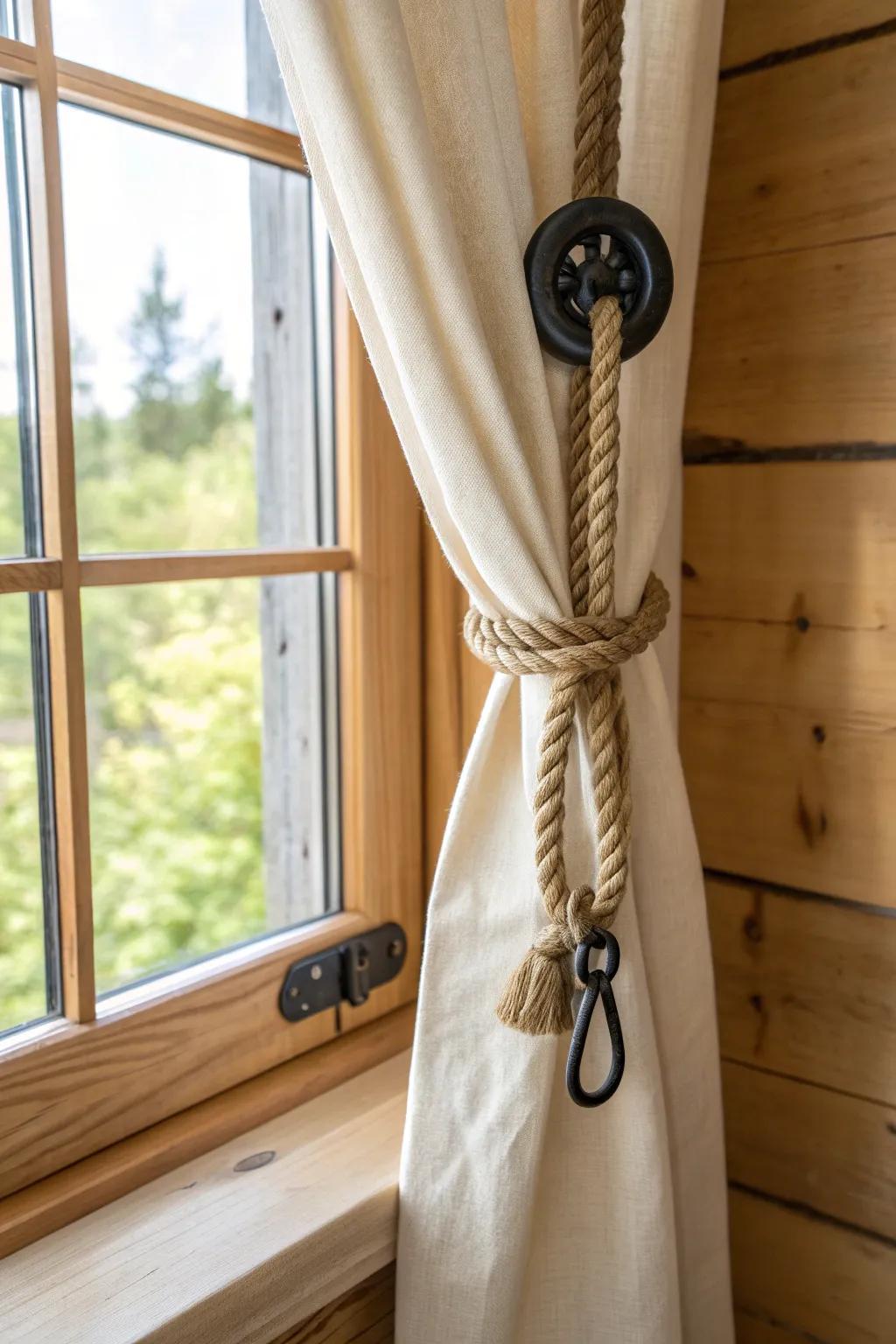 Camp-inspired rope pulley curtains—simple, handcrafted hardware with cozy cabin charm.