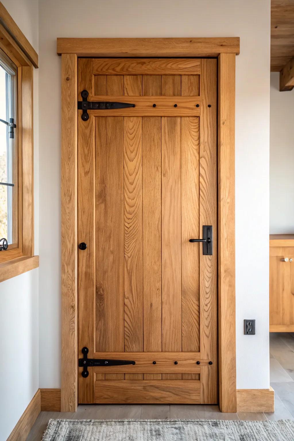 Modern lodge door idea: warm wood + matte steel straps for a cozy, rugged cabin entry.