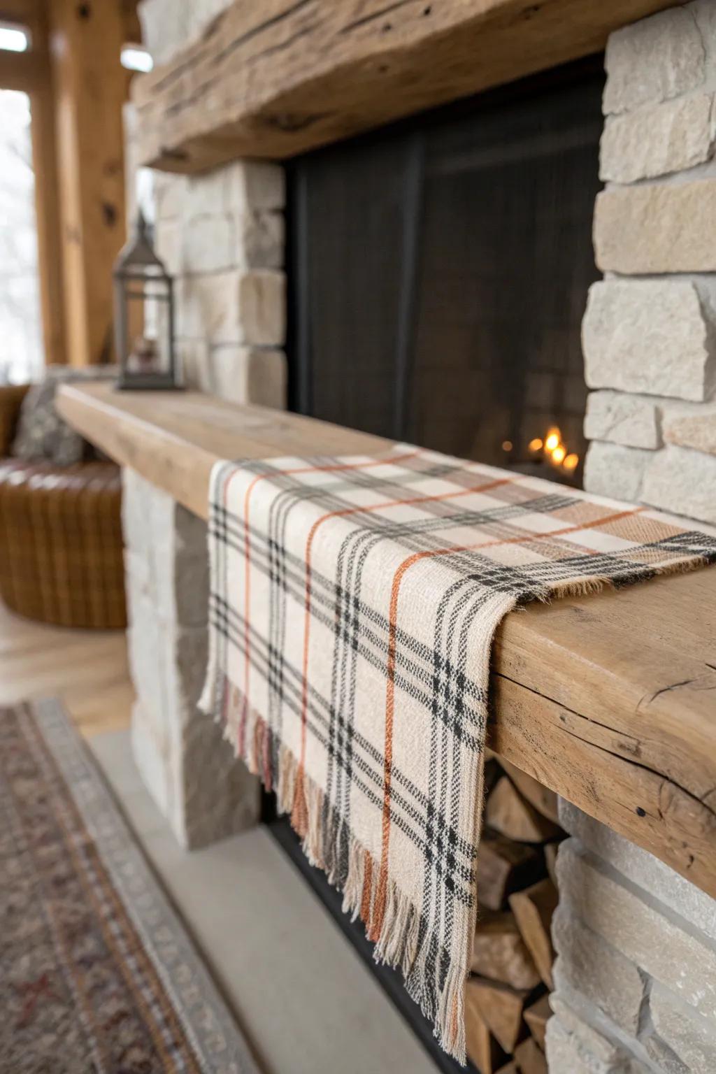 A plaid wool runner down the mantel beam adds instant cabin warmth—simple, soft, cozy.