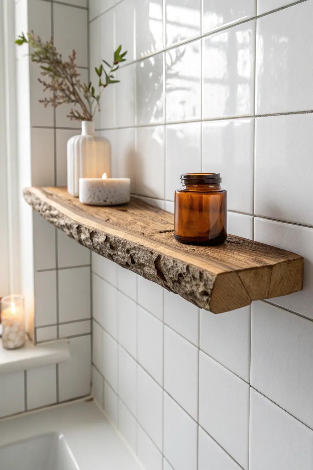 A floating live-edge shower ledge that adds warm cabin charm—perfect for candles and jars.