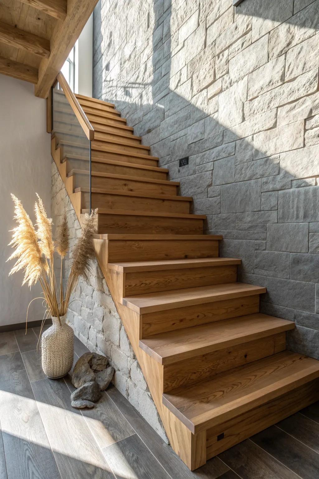 Warm oak treads meet cool stone—an elevated cabin stair look with timeless lodge contrast.