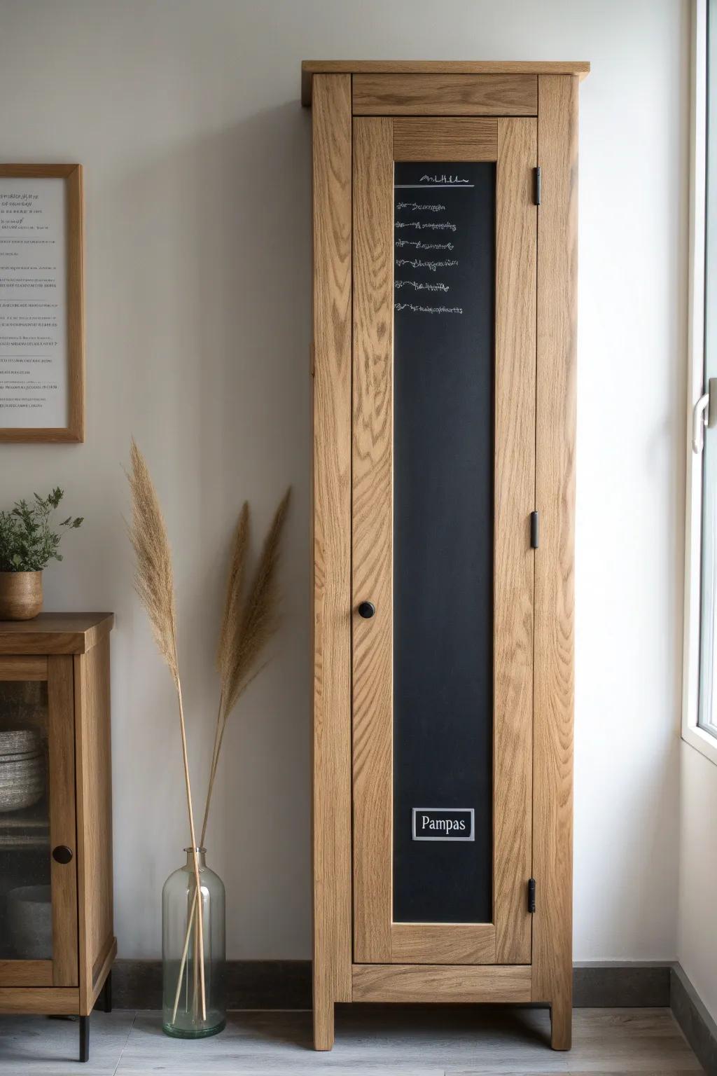 A light oak cabinet door with a chic chalkboard panel—turn your pantry into a daily command center.