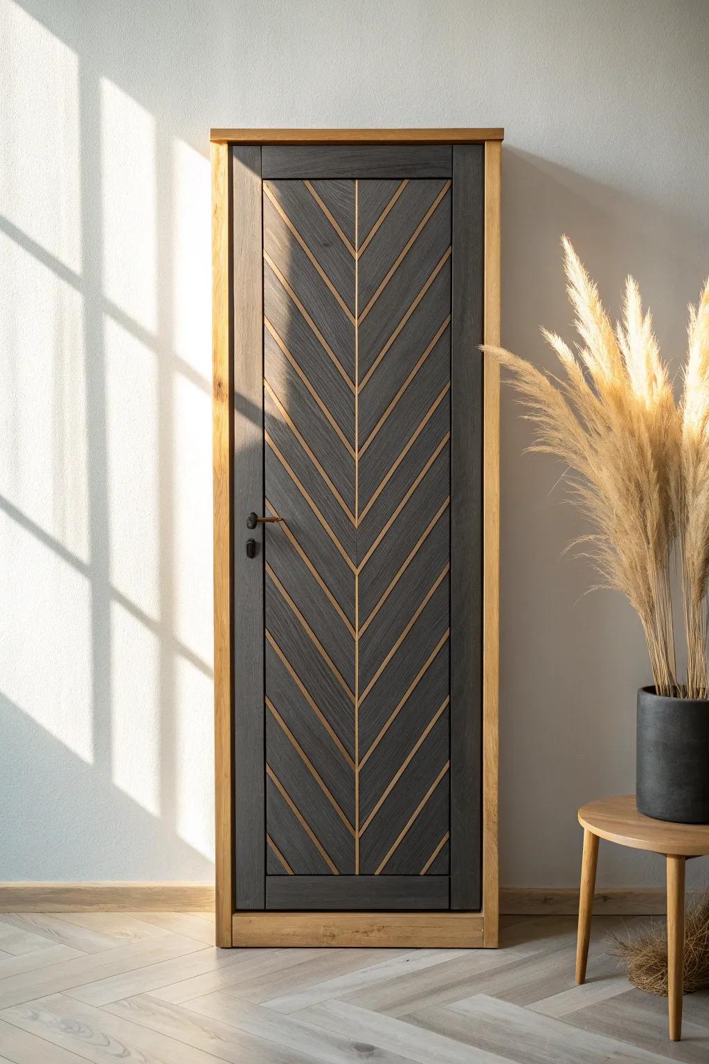 Geometric applied molding turns a flat cabinet front into a boutique, custom-looking door.