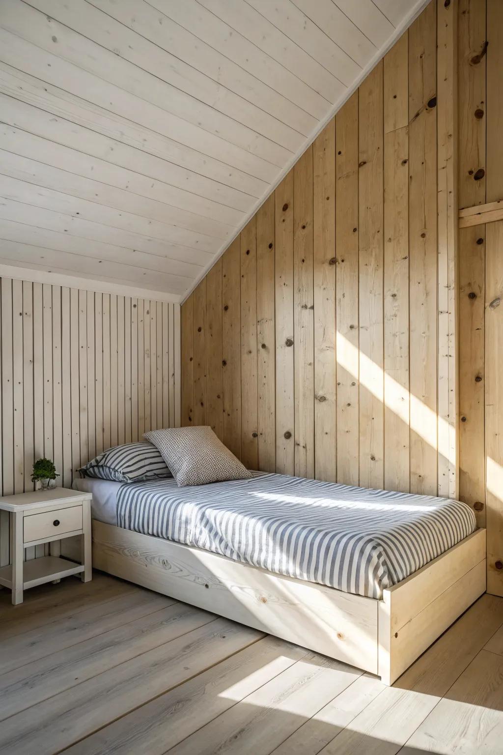 Caddy-corner bed + wraparound reclaimed wood slat wall—minimal, bold, and beautifully cozy.