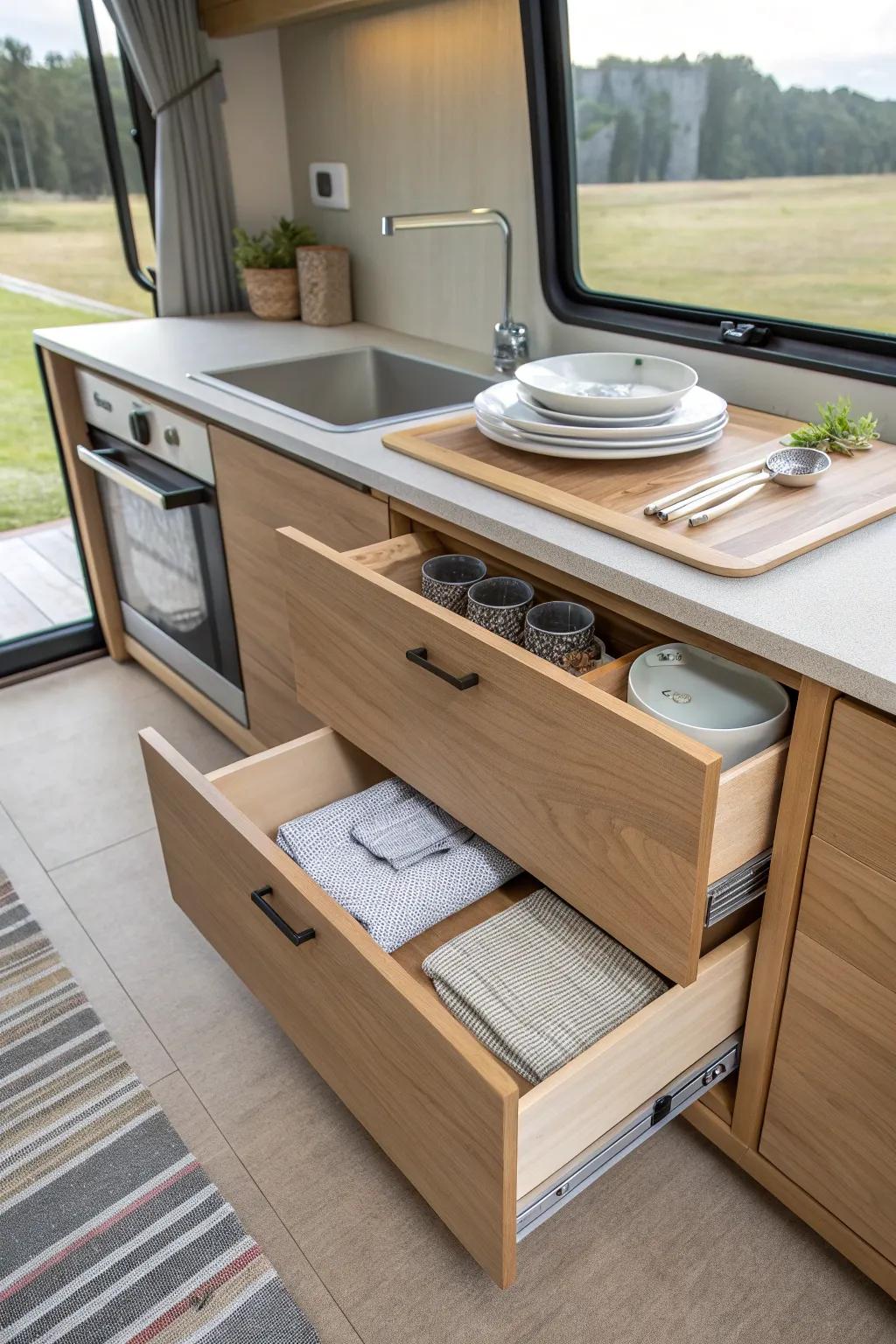 A secret storage win: a hidden toe-kick drawer for placemats, towels, and flat essentials.