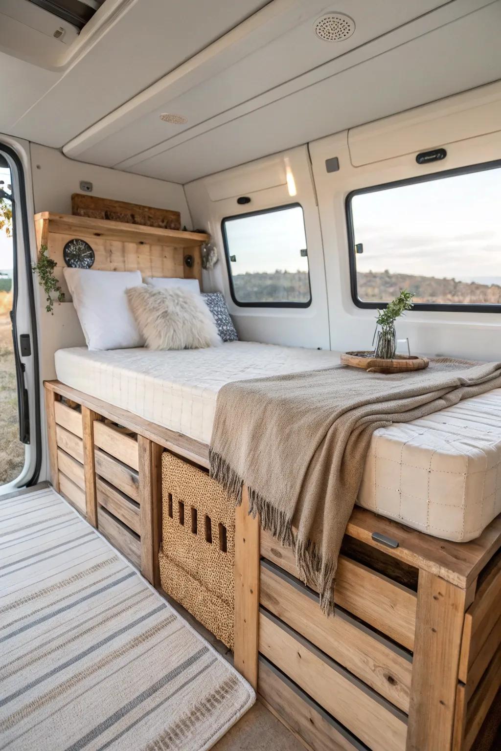 Reclaimed-wood crate cubes click together for a campervan bed that reconfigures in minutes.