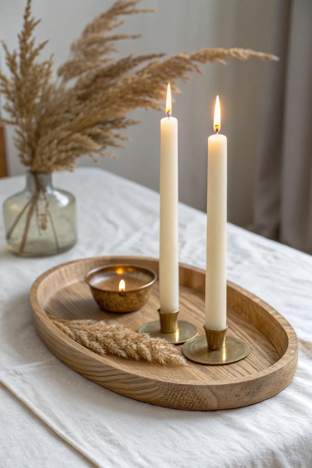 Brushed brass accents on a wooden tray amplify candlelight for an instantly cozier glow.
