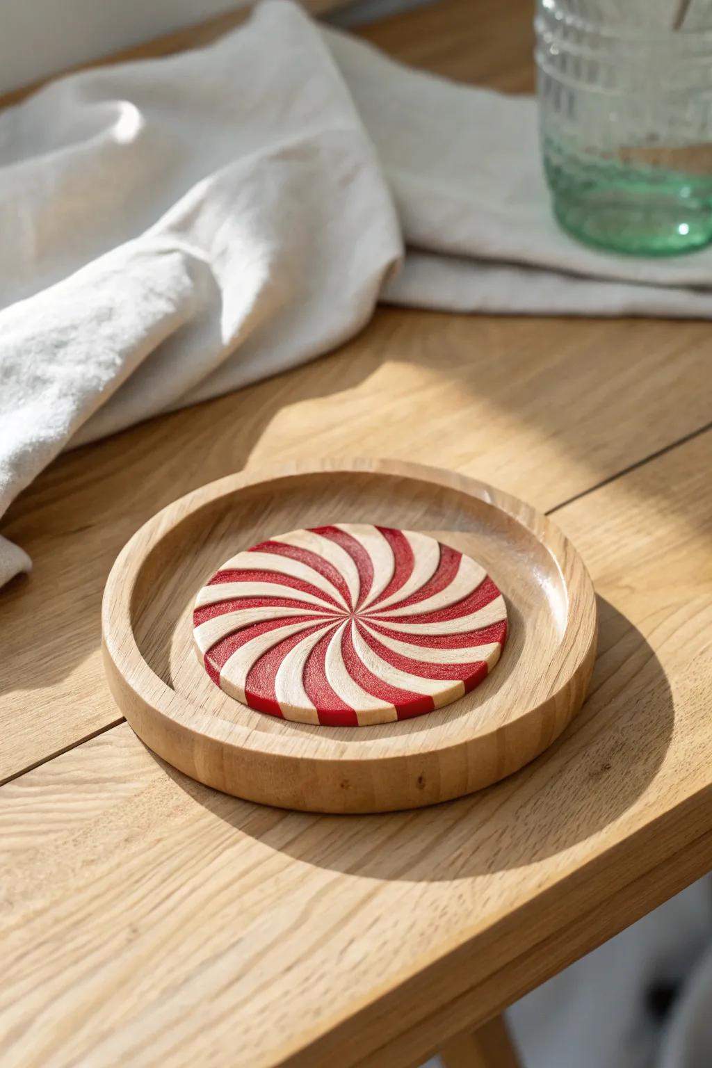 Candy-cane resin inlay coaster: crisp peppermint stripes in pale wood, minimalist and chic.
