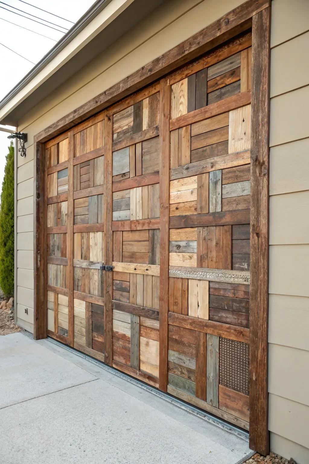 Reclaimed doors become a patchwork carport wall—sealed smooth for a curated, cozy look.
