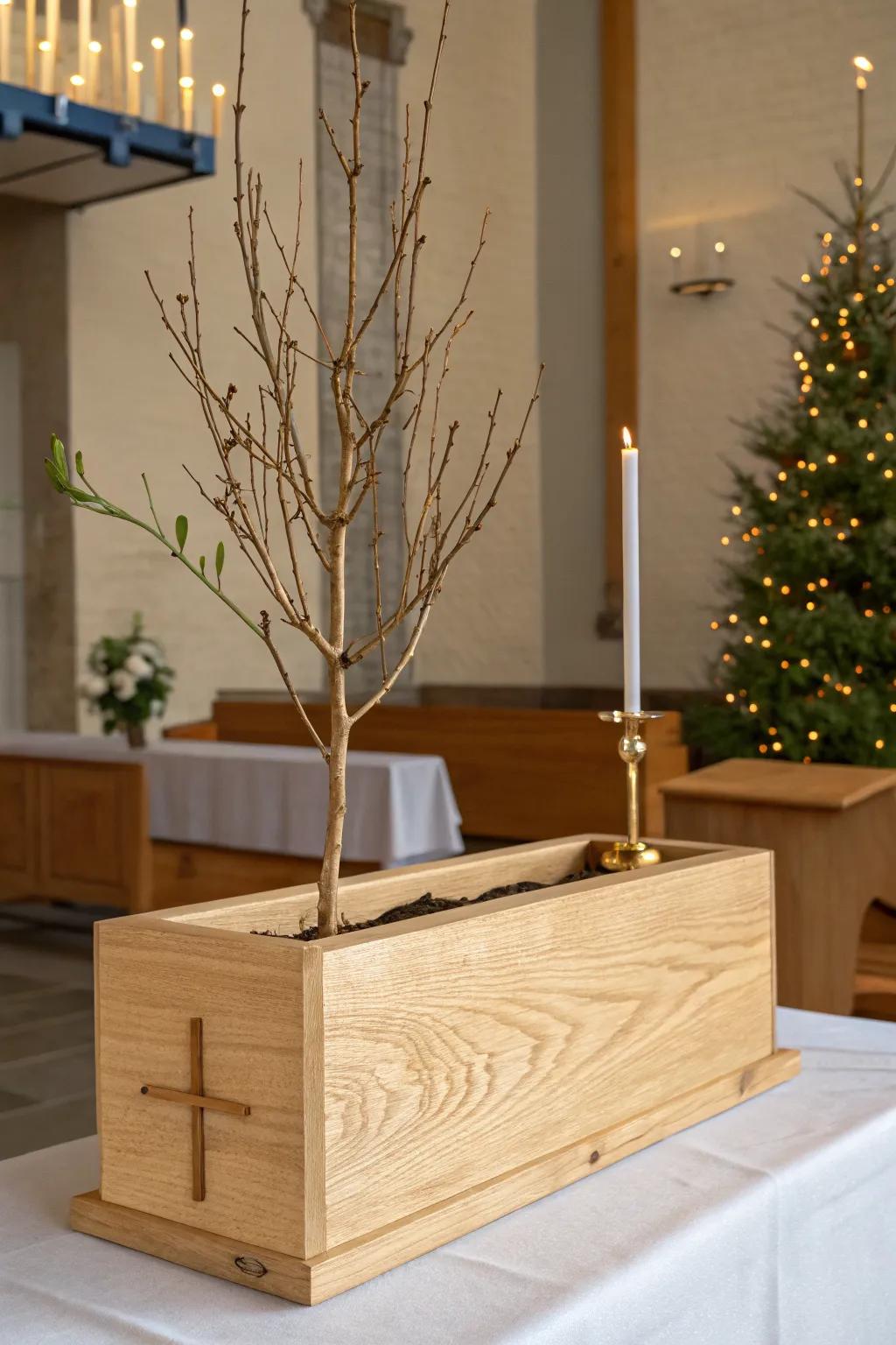 A simple Jesse Tree in a wooden planter box—meaningful, handmade, and perfect for Advent.