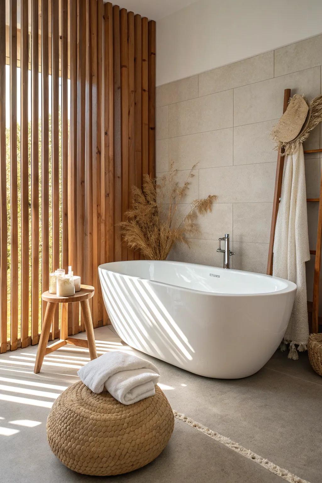 Warm cedar slats by the tub create instant spa vibes—minimal, calm, and beautifully crafted.