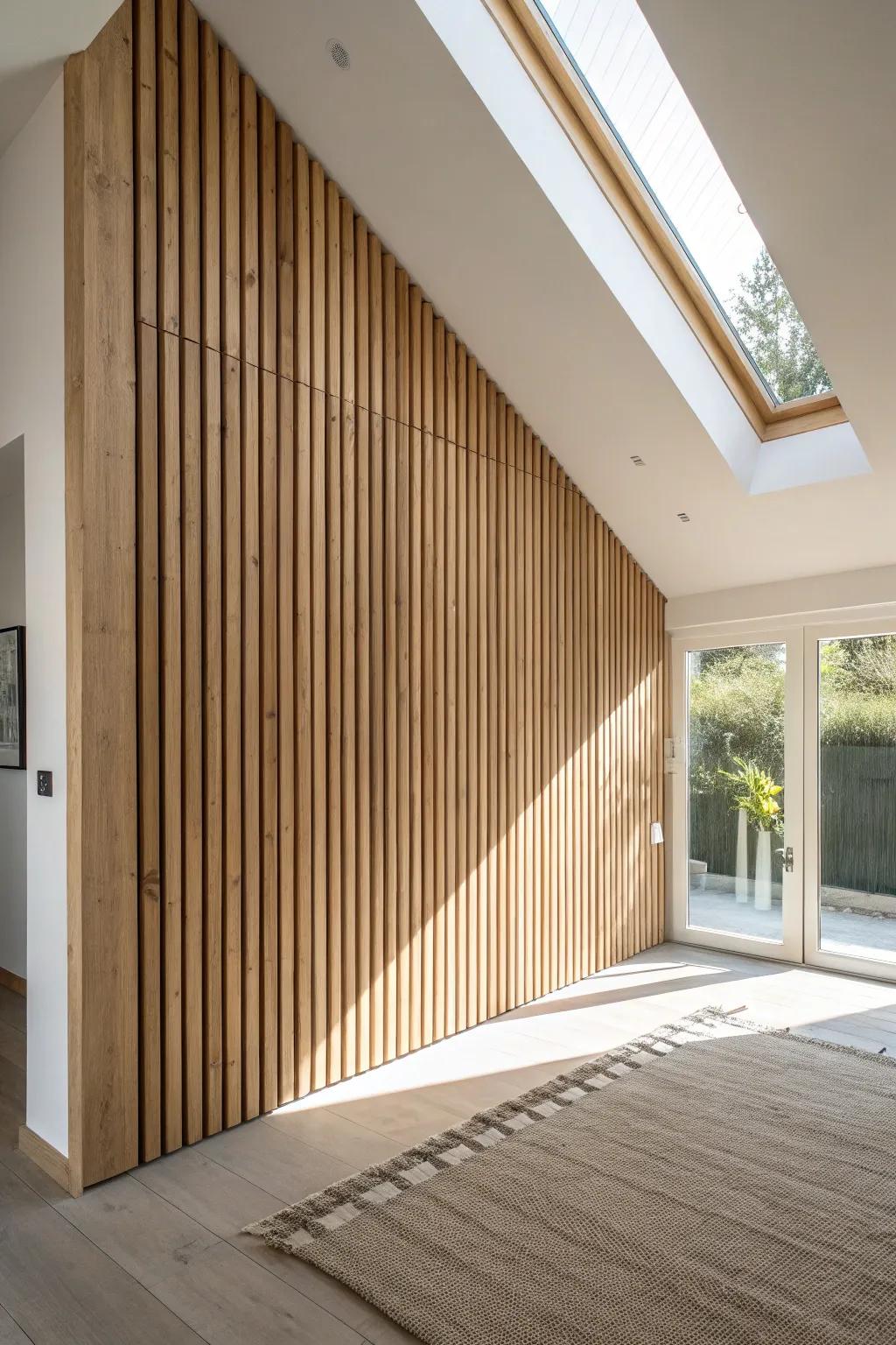 Vertical oak slats climb into the vault, turning a ceiling-height jump into a calm feature wall.
