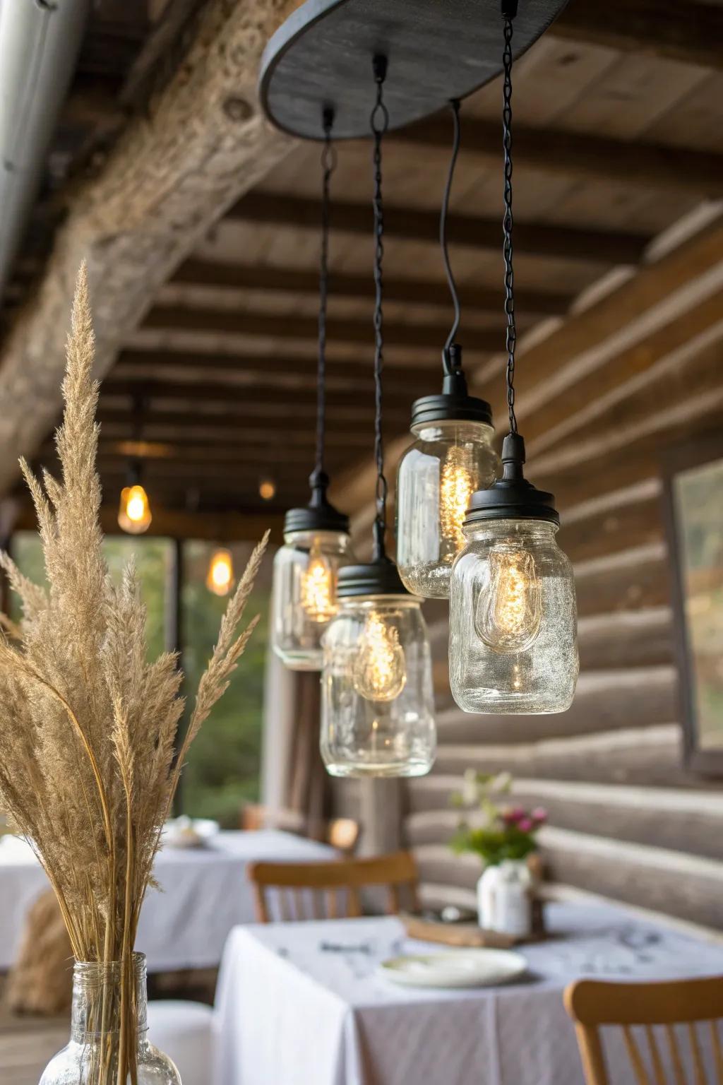 Sparkly canning-jar pendant cluster with dark hardware—perfect warm glow under log ceilings.