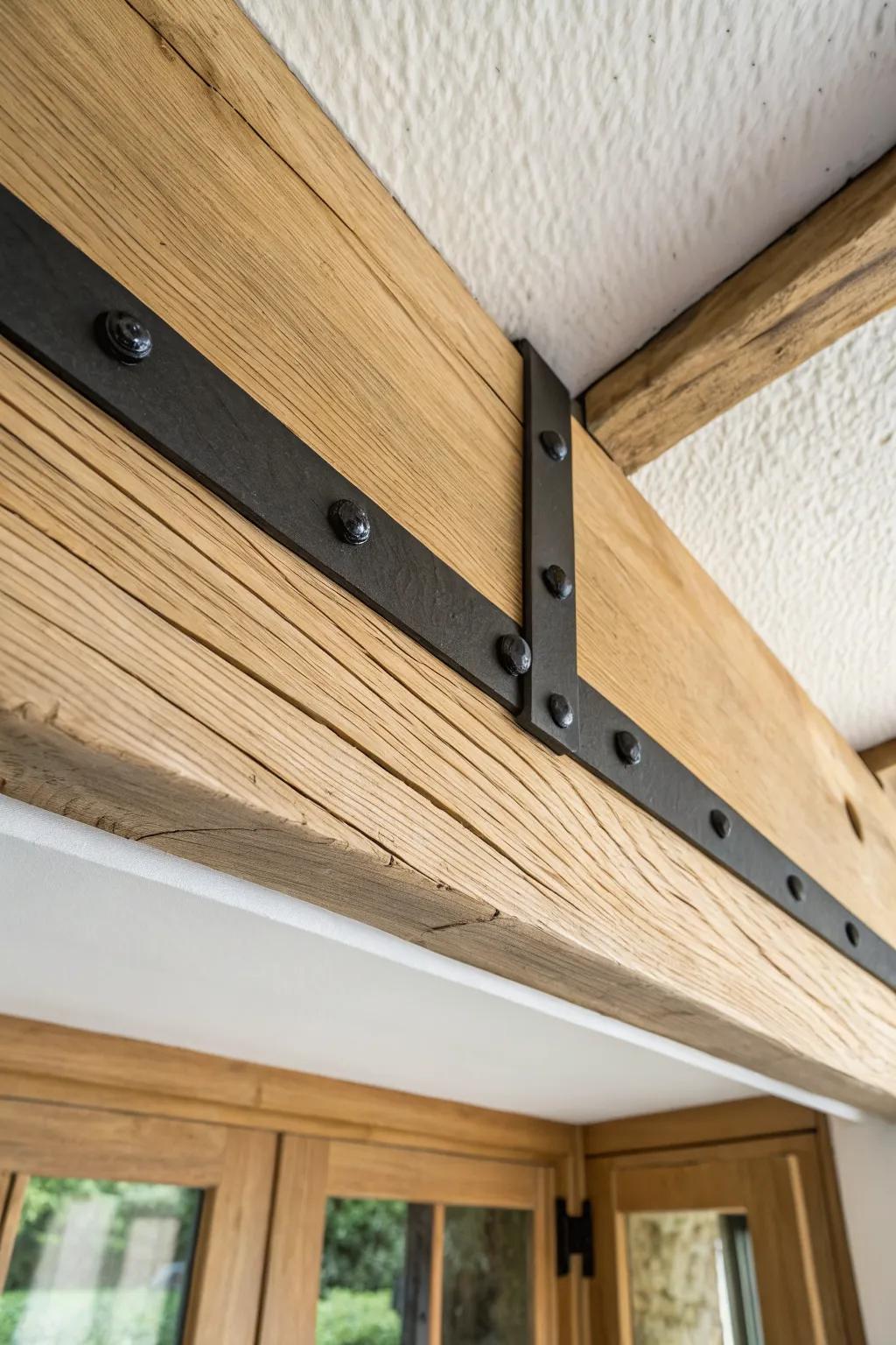 Matte black strap plates give a crisp, engineered finish to a wood beam ceiling transition.
