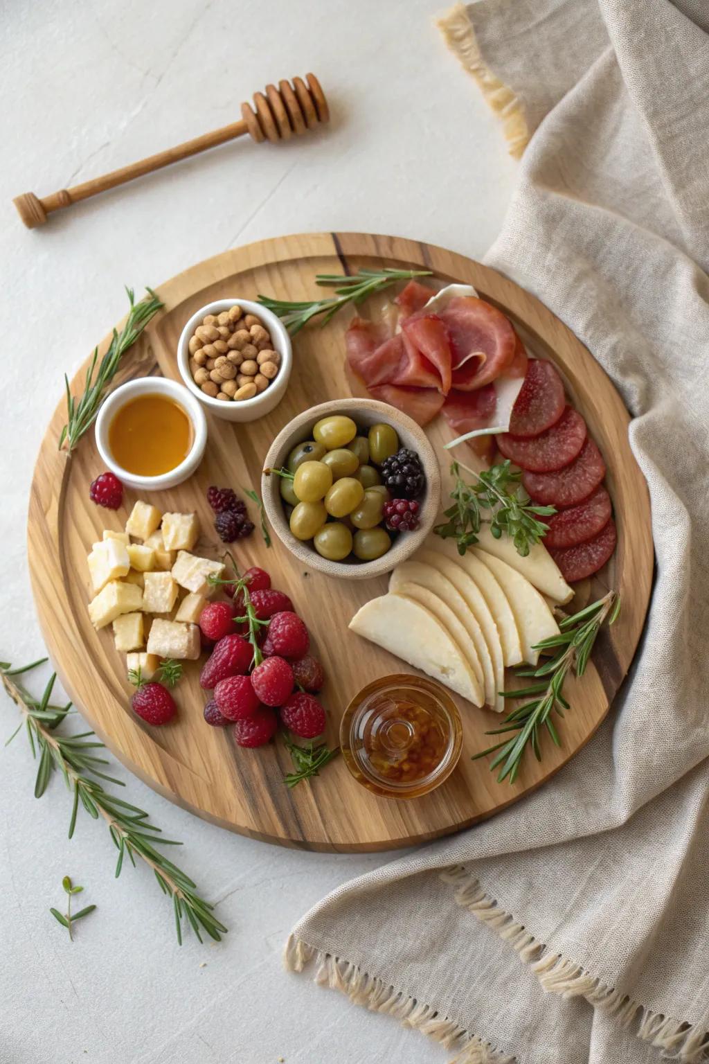 A round-table spiral charcuterie layout—simple, sculptural, and stunning from every angle.