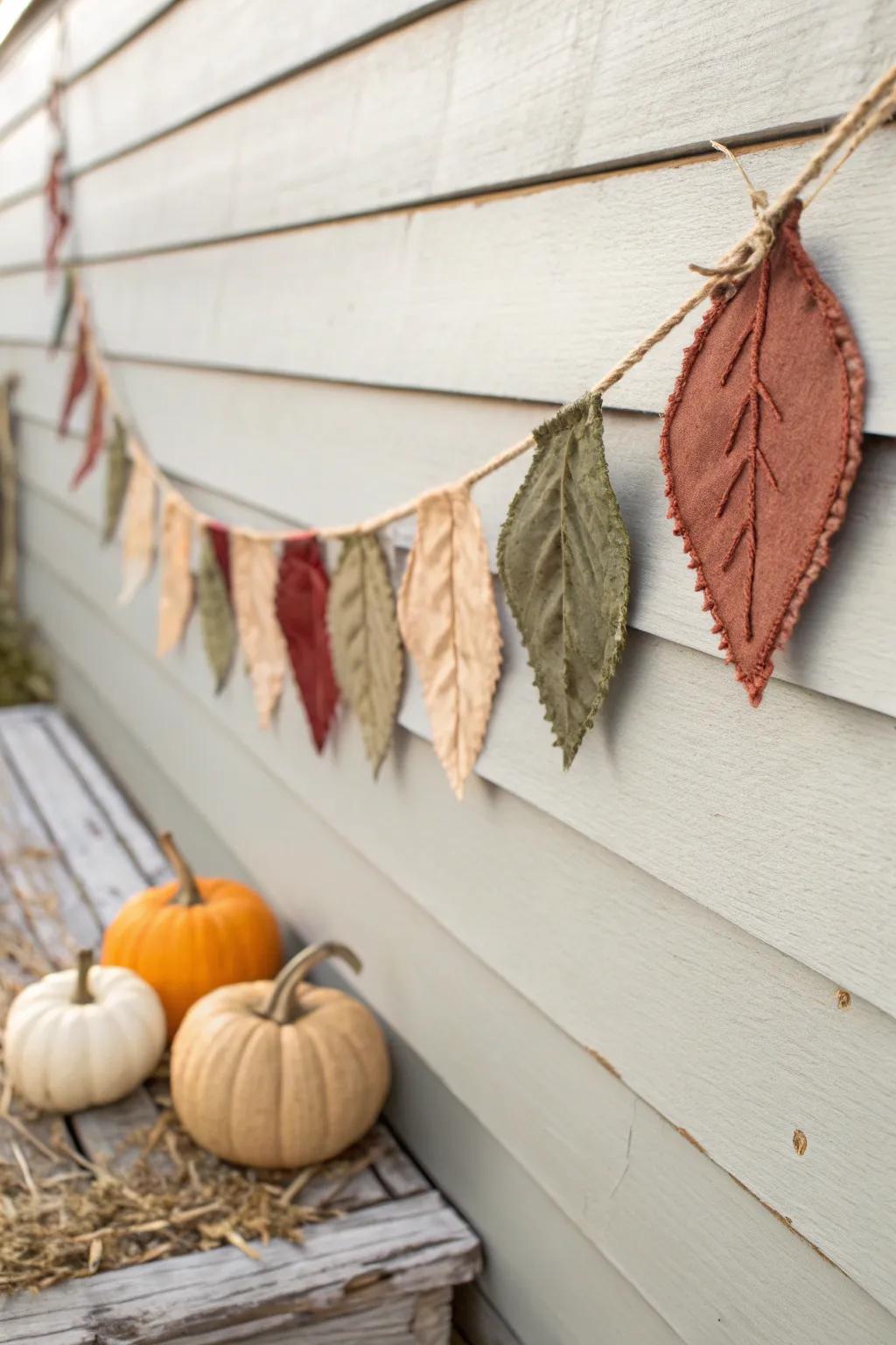 Budget DIY fabric scrap leaf banner—soft flannel leaves on twine for a cozy fall porch.