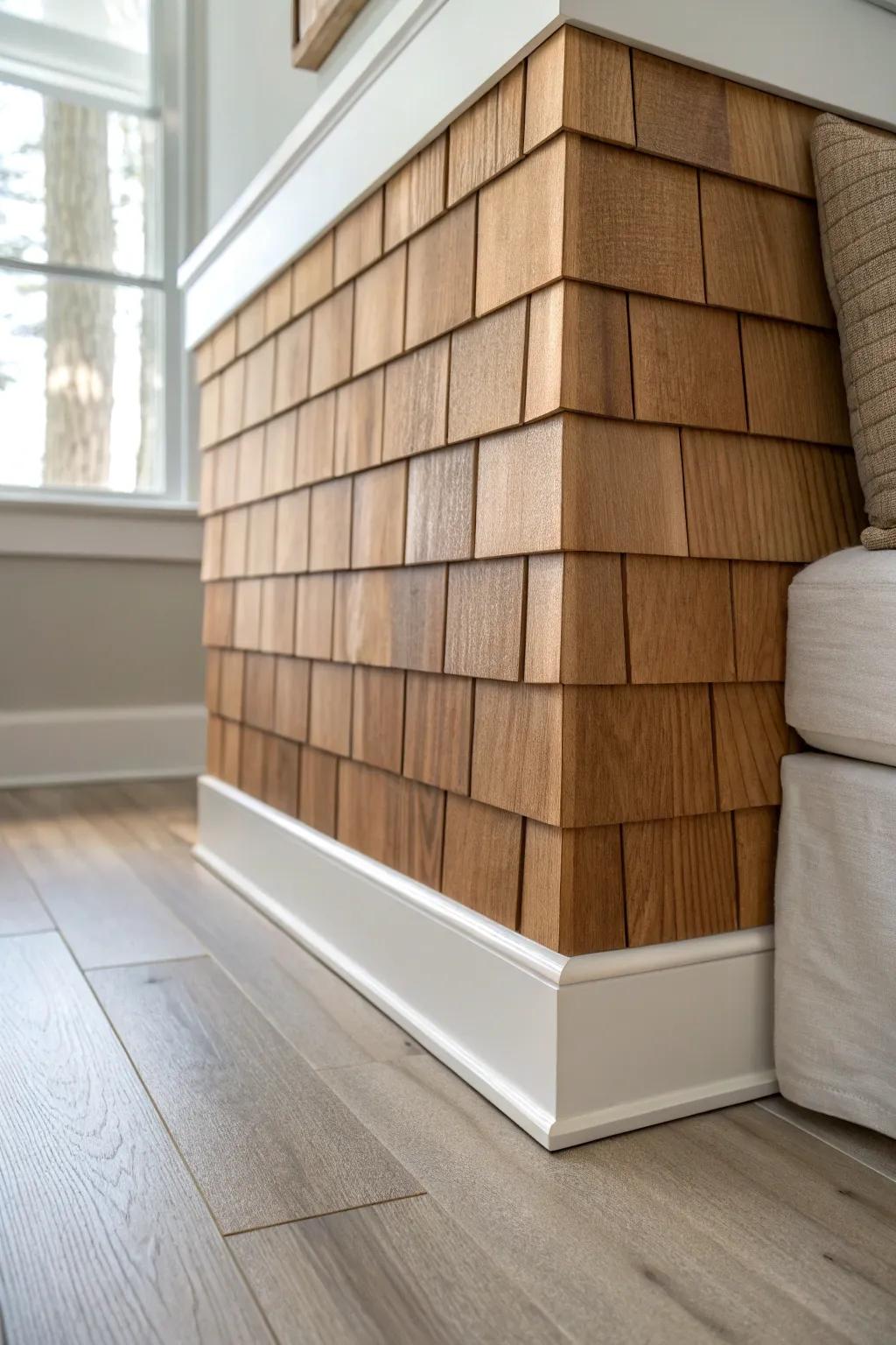 Cedar shingle overlap baseboards—budget-friendly rustic texture with beautiful shadow lines.