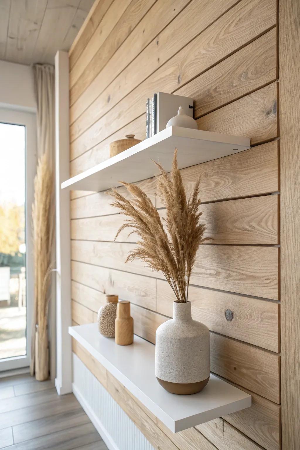 DIY wood-plank wall with a sleek floating shelf—cheap, warm, and instantly Pinterest-worthy.