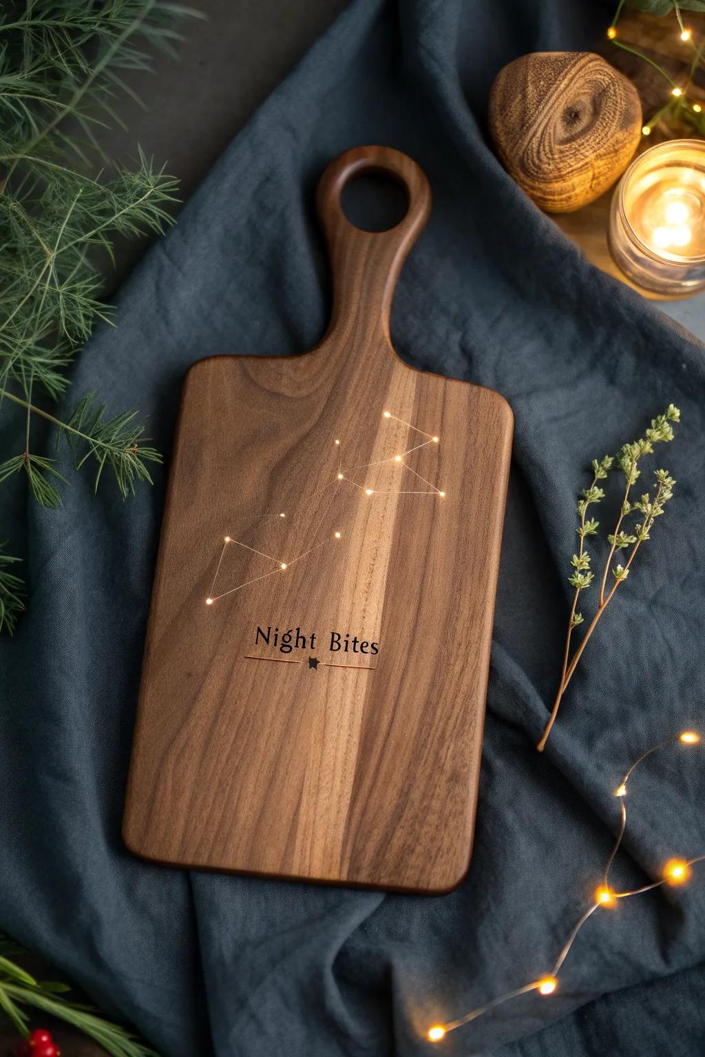 Constellation-engraved cheese board with “night bites” — cozy, minimalist magic for late snacks.