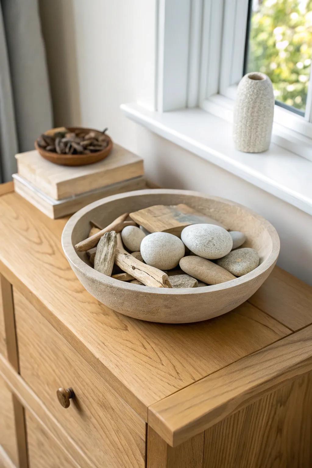 Coastal driftwood in a shallow tray adds effortless, handcrafted charm to a grained wood chest.