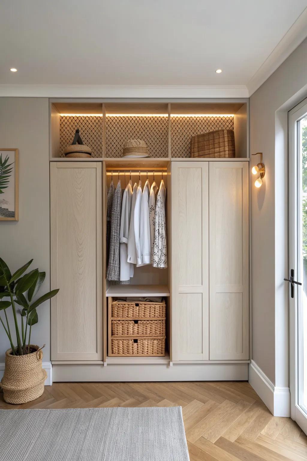 Warm LED strips inside and under the plinth turn a kids’ fitted wardrobe into a cozy night glow.