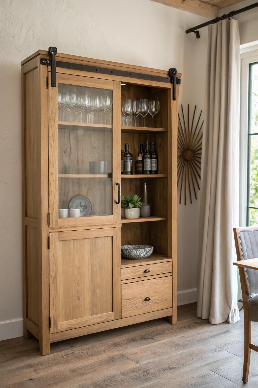 A sliding barn door turns your china cabinet bar into a calm, clutter-free moment in seconds.