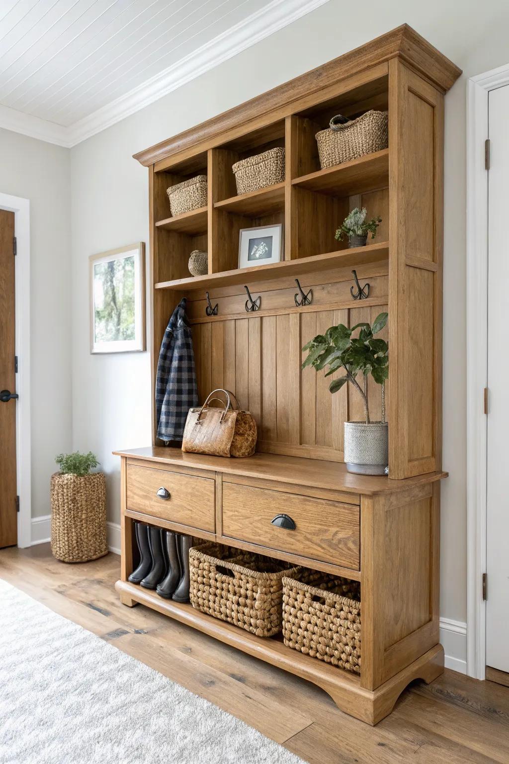 Turn a hutch base into a chic mudroom drop zone—deep drawers, baskets, and shoe cubbies.