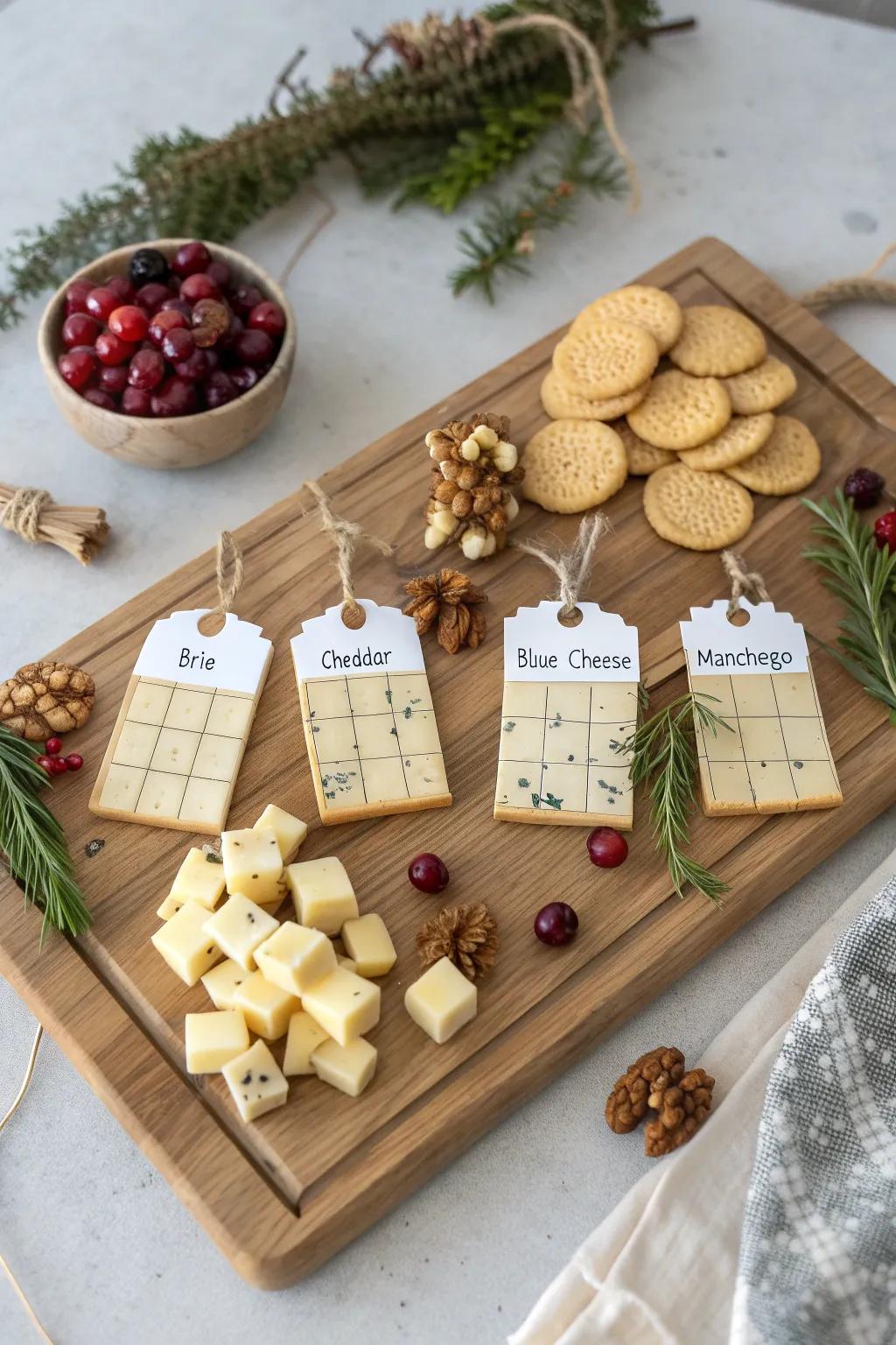 Advent-calendar cheese board: numbered bites with cozy pairings on a simple oak grid.