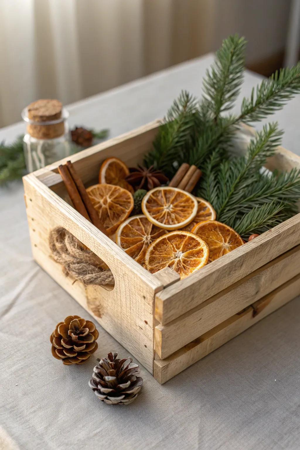 Dried orange, cinnamon, and evergreens in a wooden crate for an effortless Nordic holiday wow.