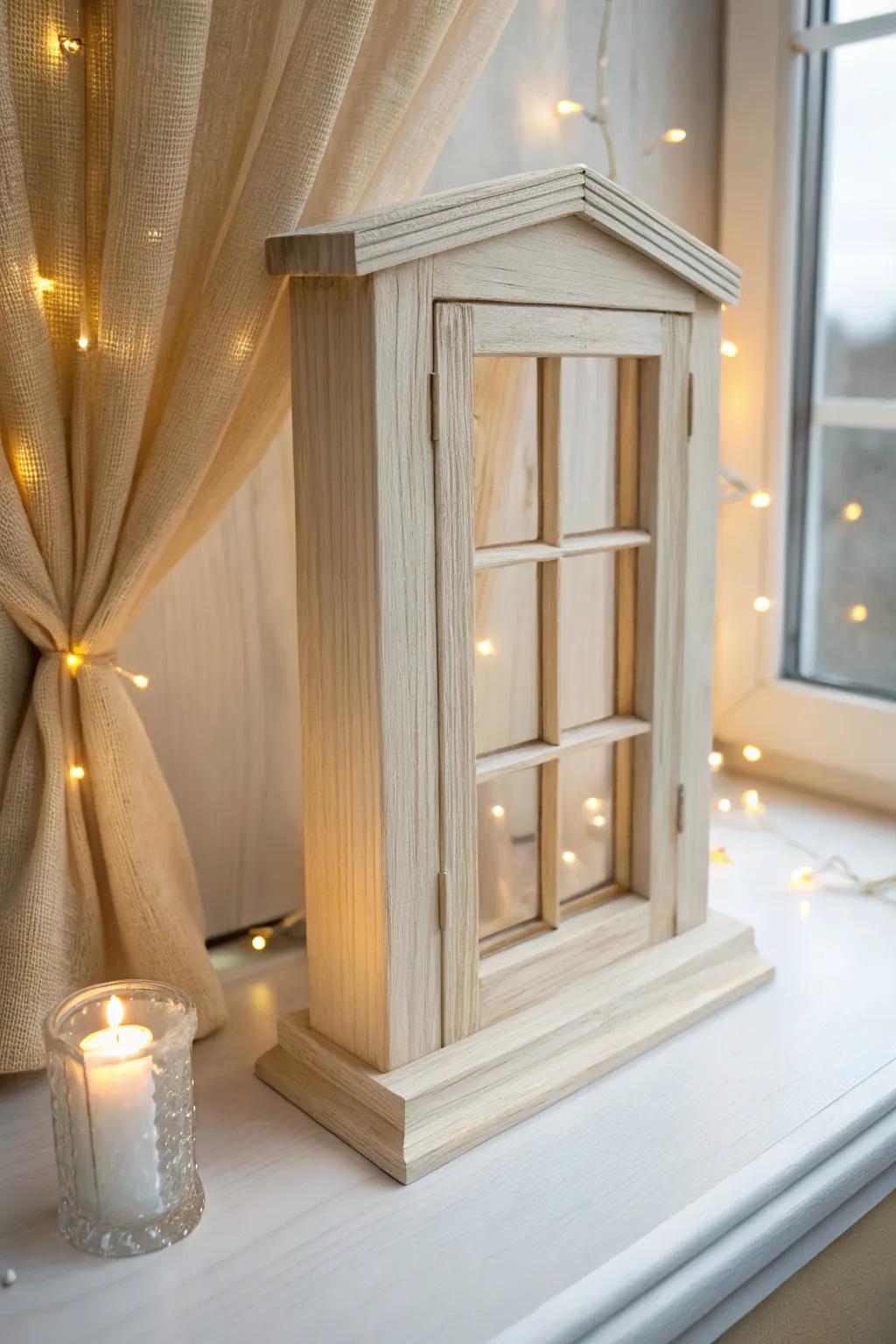 Frosted dollhouse window with warm mini lights—cozy candlelit glow for a winter night.