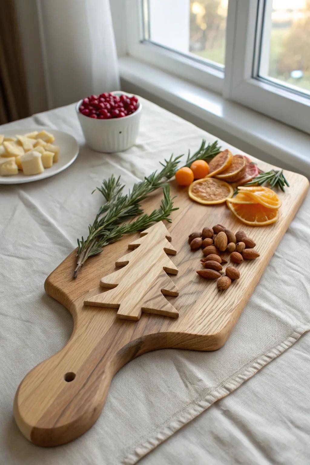 A tree-shaped wooden board turns your Christmas grazing table into a simple, crafted centerpiece.