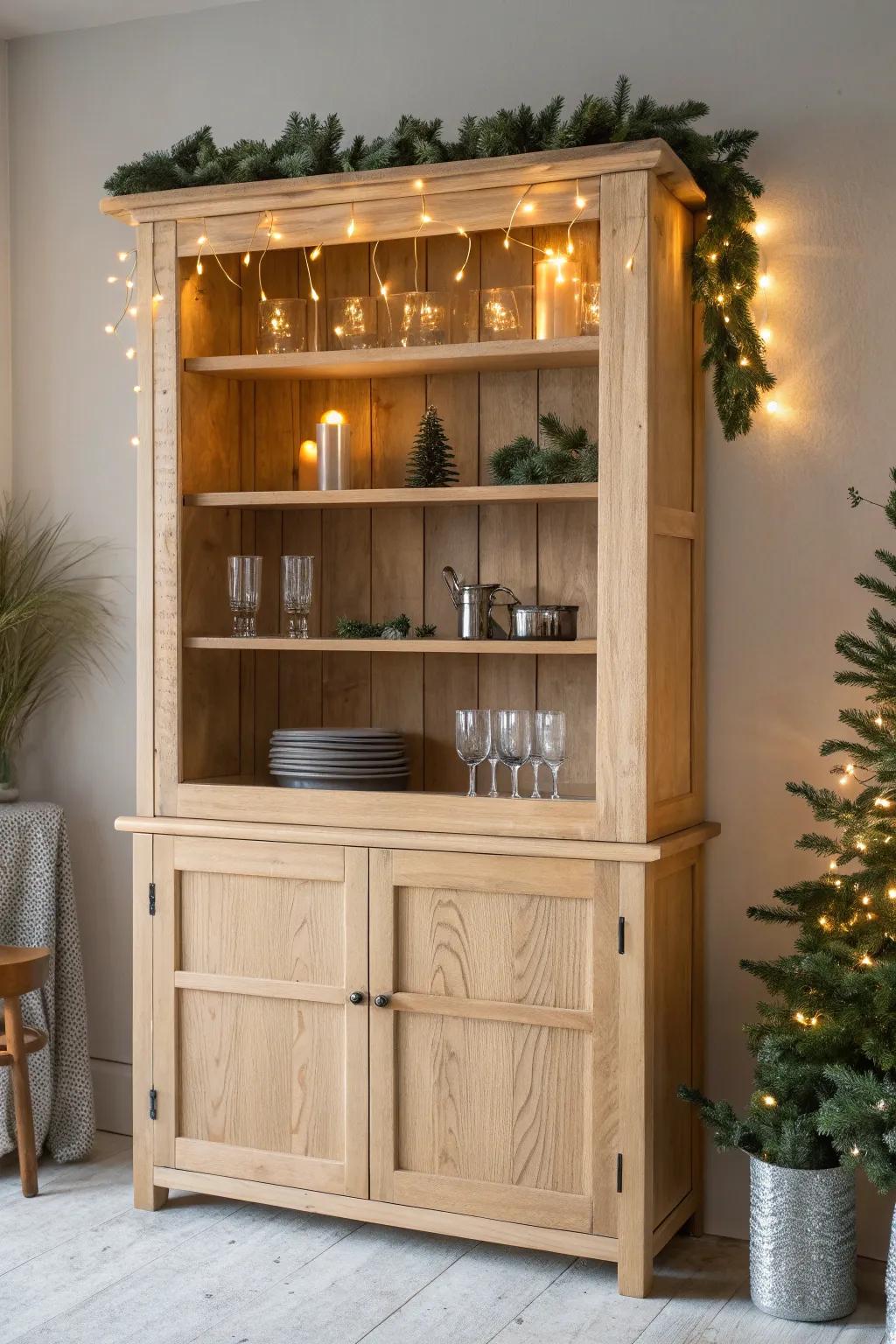 Warm string lights tucked into garland make your wooden hutch glow and glassware sparkle.