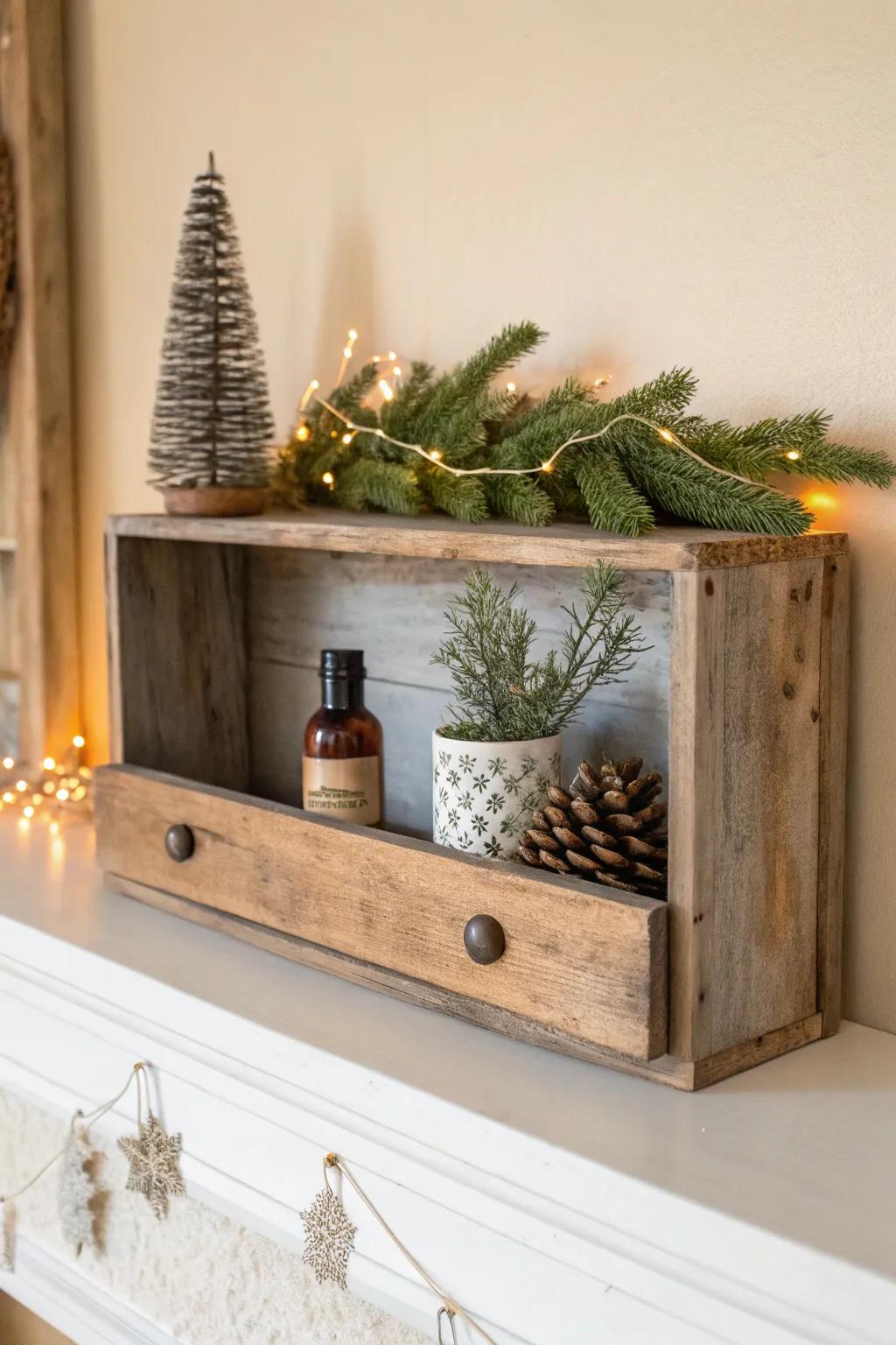 A reclaimed drawer shadowbox with tiny trees and warm lights for vintage Christmas charm.