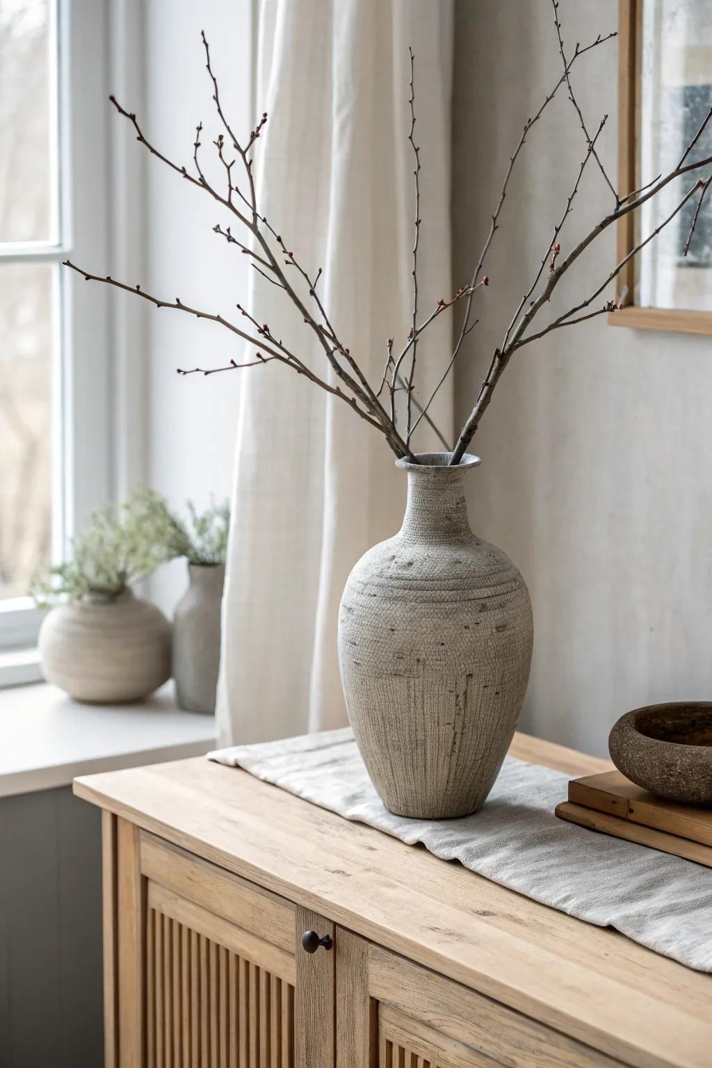 Bare branches in a rustic vase add instant height and winter drama above the sideboard.