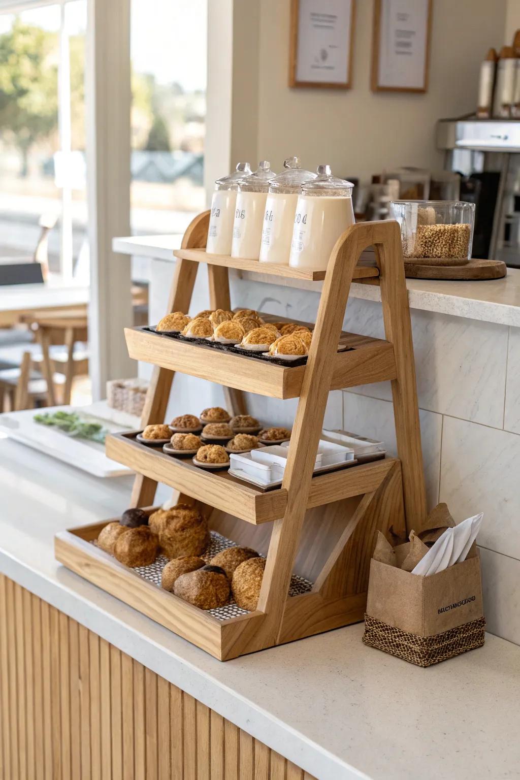 A simple wooden snack shelf under the counter makes the church coffee bar feel welcoming.