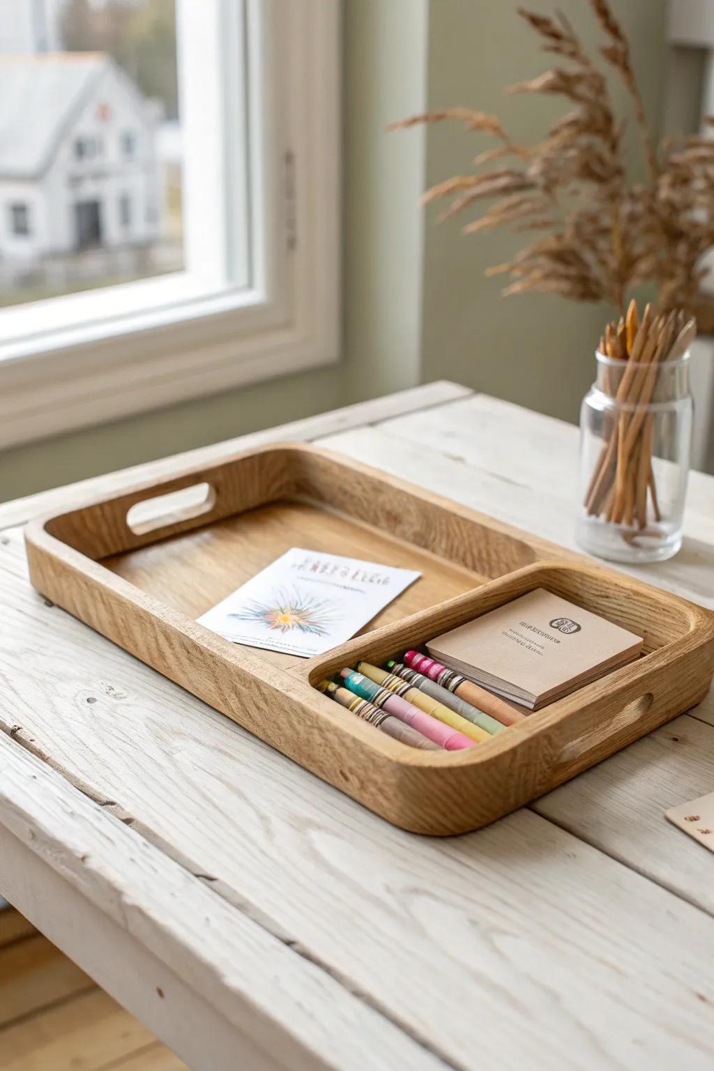 A sweet wooden activity tray keeps little hands busy while parents read the welcome info.