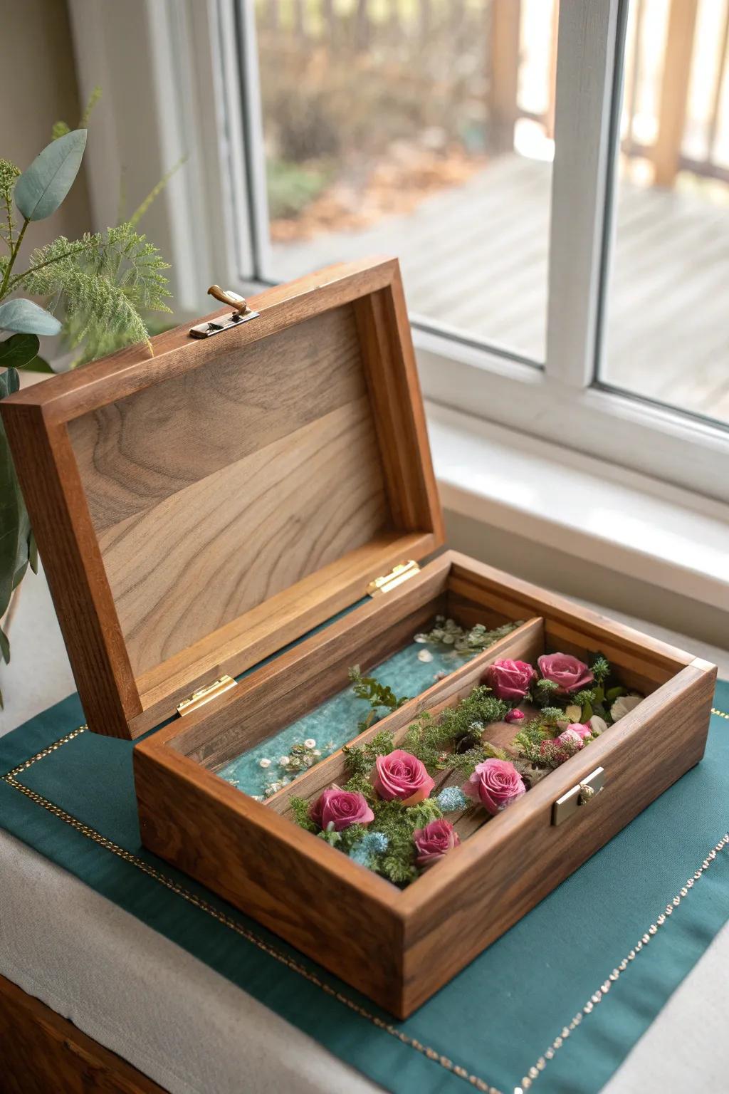A glossy resin “river” transforms a simple cigar box into an artful centerpiece.