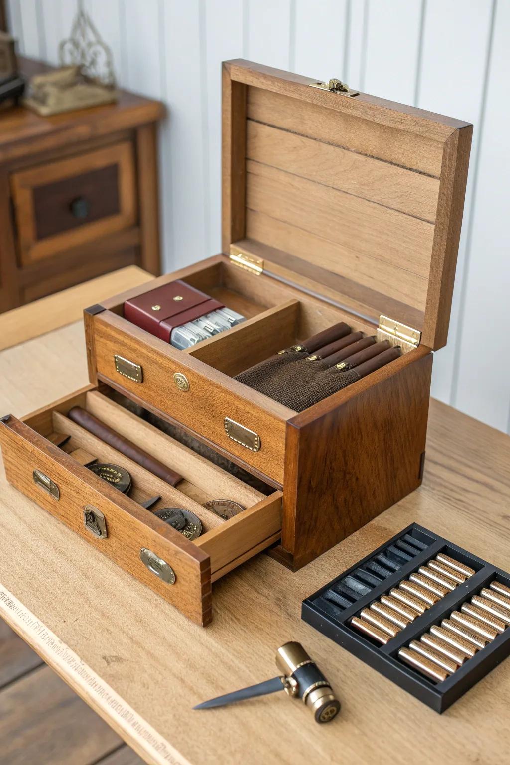 Upcycled tool chest cigar station with cedar-lined drawers—organized, warm, and understated.