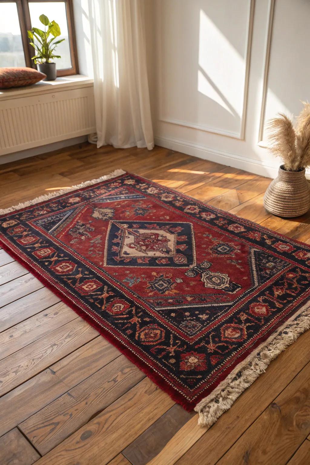 A Persian-style rug in deep reds and blues instantly warms wood floors with club-like charm.