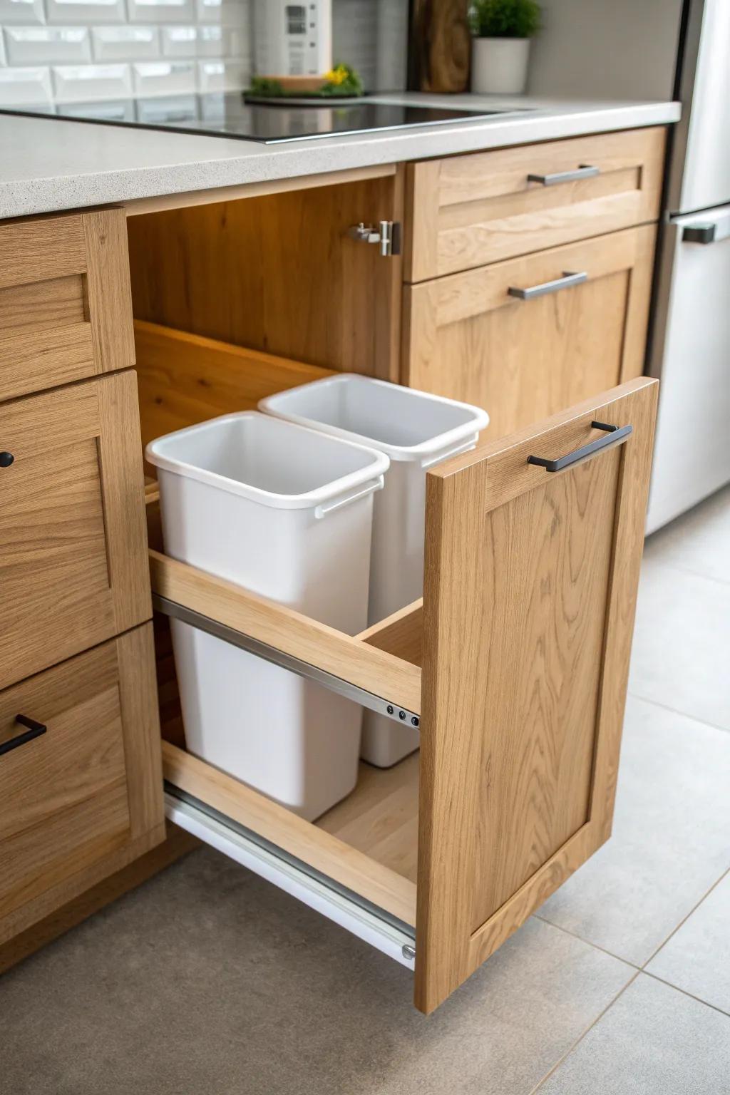 A sleek hidden pullout keeps trash and recycling out of sight—classic calm for any kitchen.
